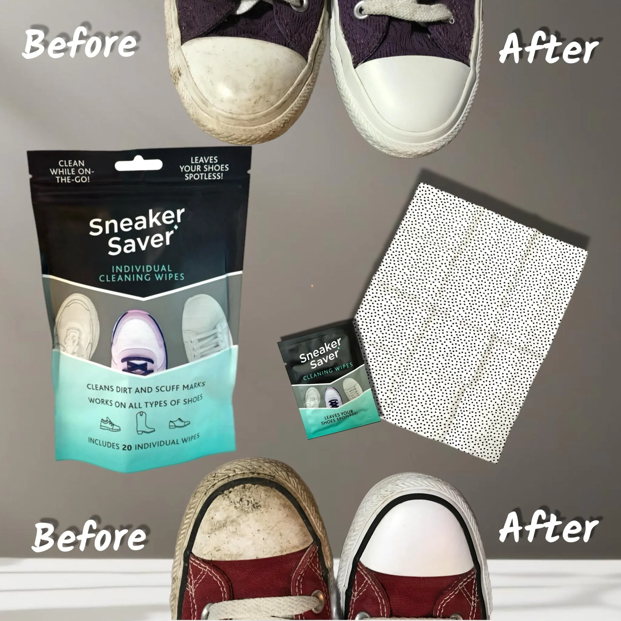 20 Premium Quick On The Go Shoe Cleaning Wipes Dual Textured Individually Wrapped Sneaker Cleaner Wipes Remove Dirt & Stains from Leather Tennis Rubber Canvas Shoes Boots Travel TSA Approved