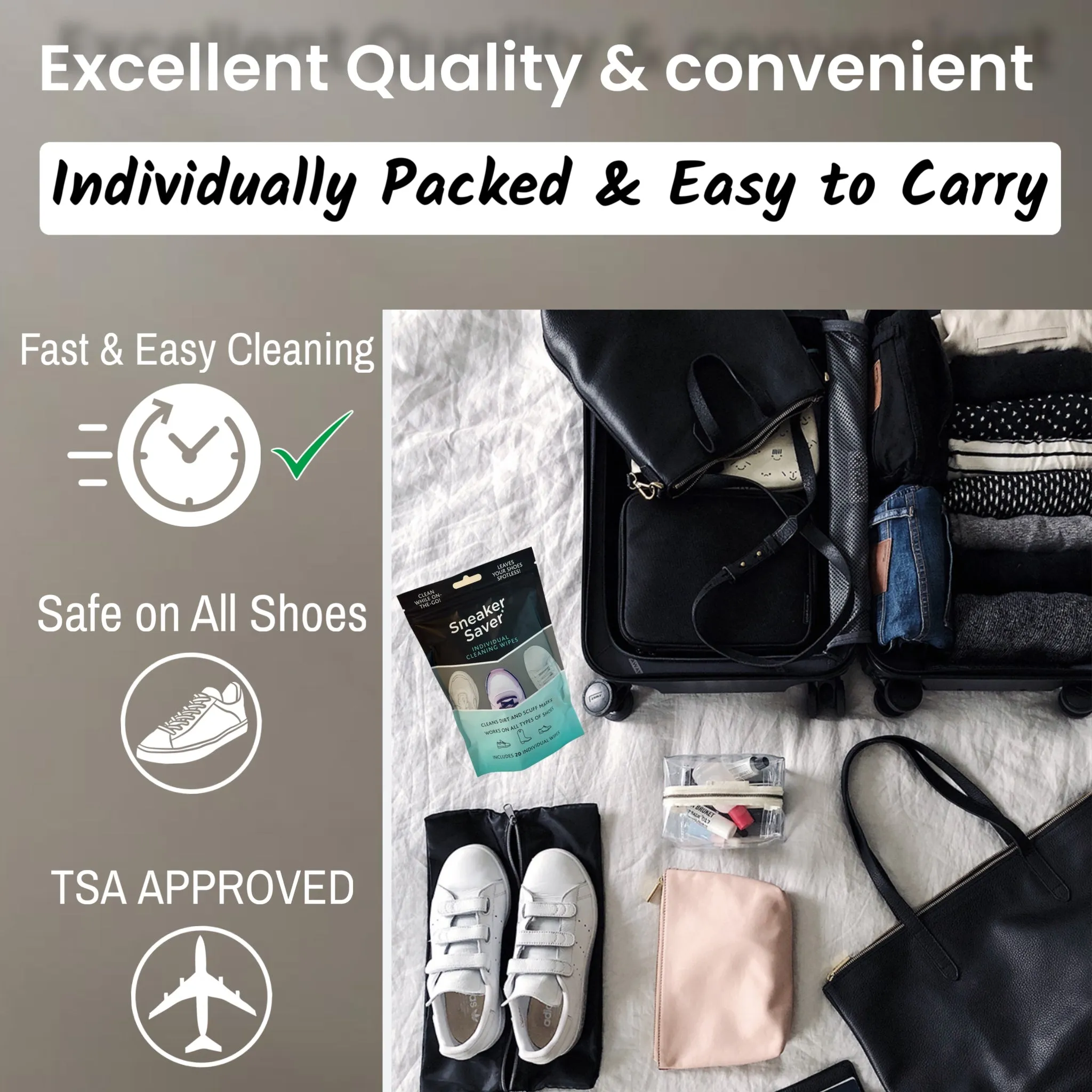 20 Premium Quick On The Go Shoe Cleaning Wipes Dual Textured Individually Wrapped Sneaker Cleaner Wipes Remove Dirt & Stains from Leather Tennis Rubber Canvas Shoes Boots Travel TSA Approved