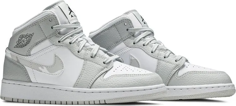 Air Jordan 1 Mid SE GS Swoosh Logo - Gray Camo, White