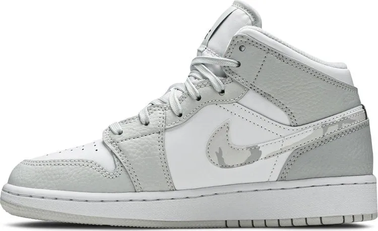 Air Jordan 1 Mid SE GS Swoosh Logo - Gray Camo, White