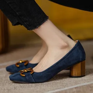 Amozae  Square Toe Work Shoes Metal Decoration 3.5CM Women's High Heels 2024 Spring and Autumn New High Quality Fashion Blue