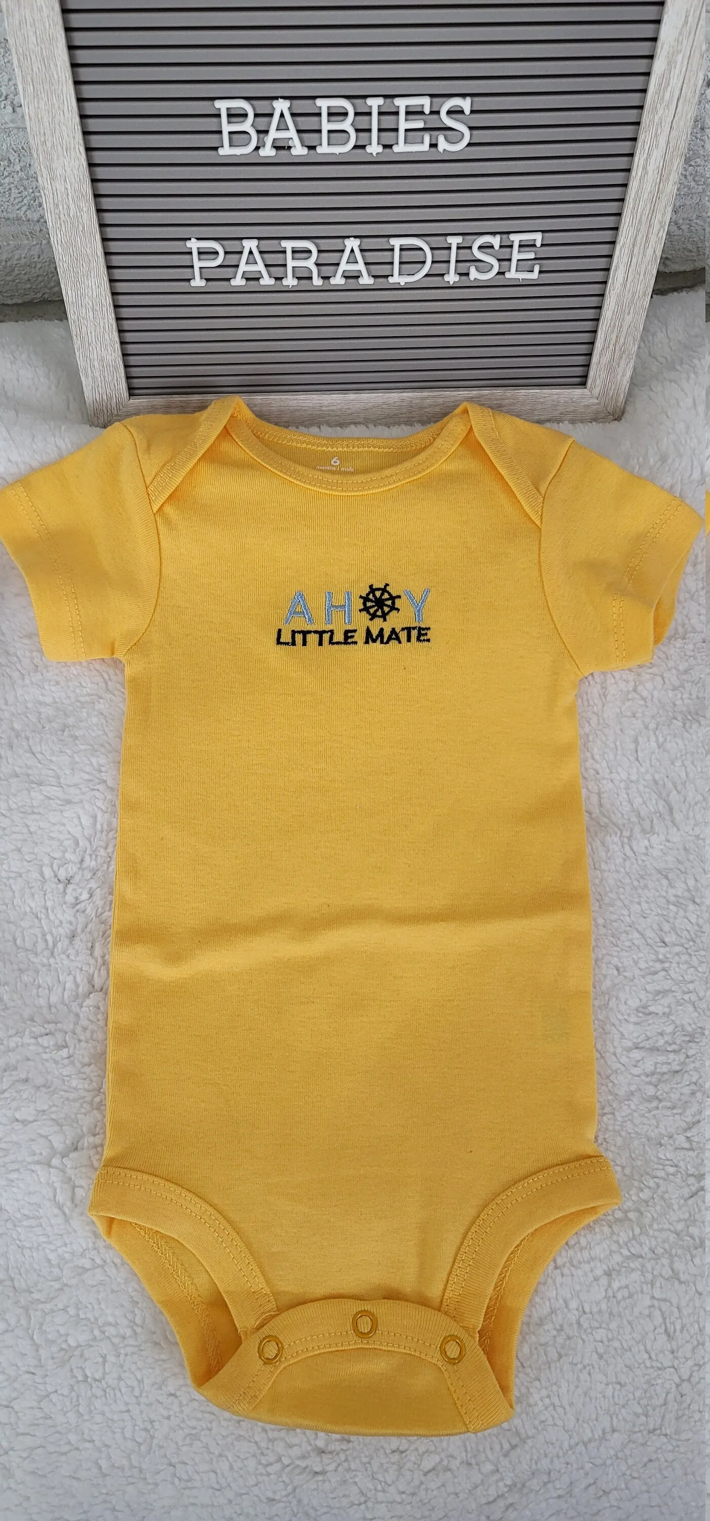 Baby Boy Onesie, Ahoy Little Mate Design Onesie,  Ywllow Onesie, 6 month Baby Boy Onesie