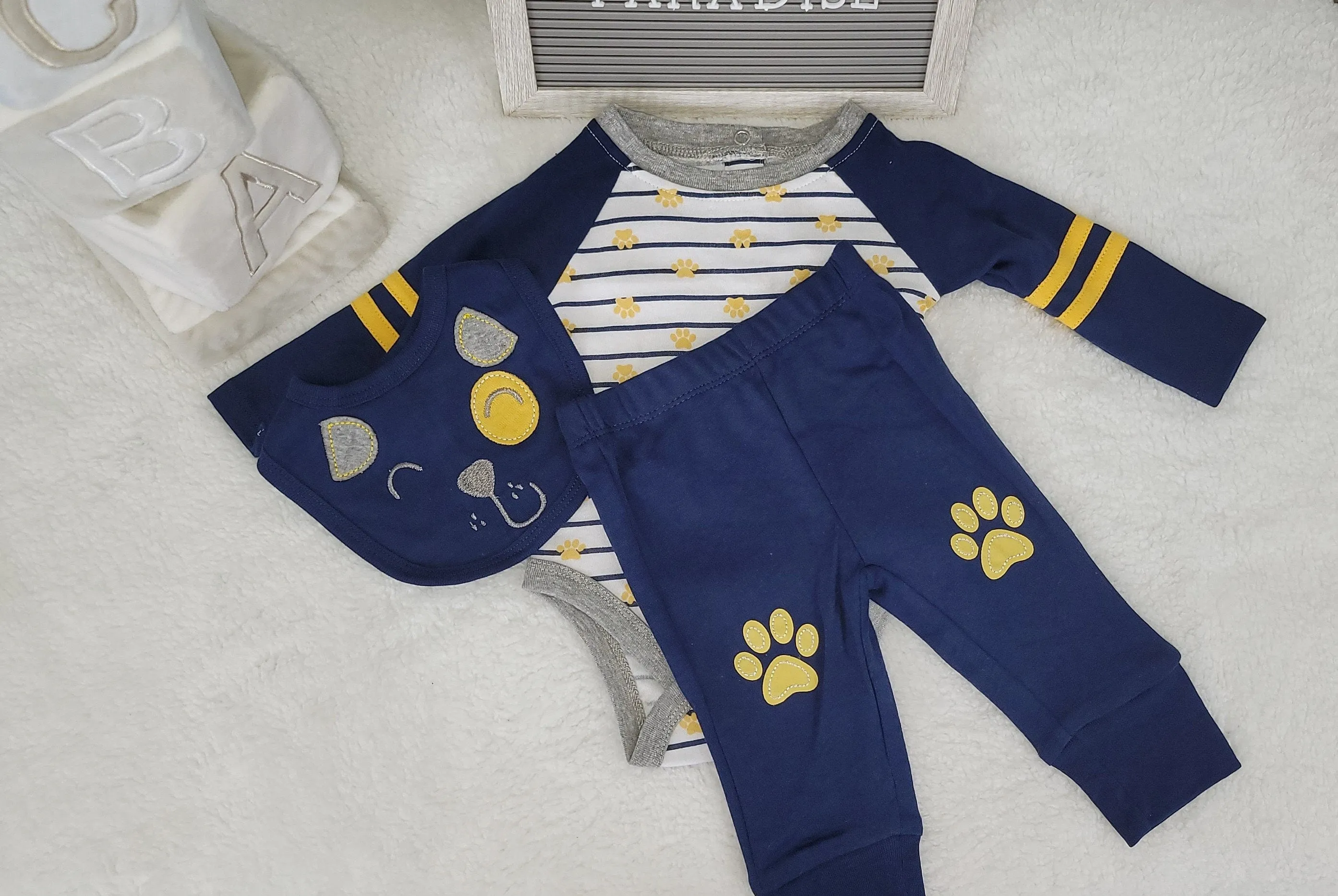 Baby Clothes 3pcs, Baby Boys Set 0-3, 3-6 and 6-9 months, Doggy Paw Baby Clothes, BoysBlue Pants, Doggy Patern Bib.