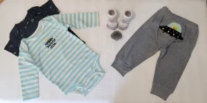 Baby Clothes 3pcs, Baby Boys Set 6 and 12 months, Baby Clothes UFO, Boys Clothes Beyond Cute Set, Boys WhiteBlue Stripe, Boys Gray Pants