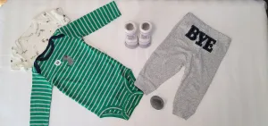 Baby Clothes 3pcs, Baby Boys Set 6 months, Baby Clothes Doggy Pattern, Hi Baby Boys Set, GreenWhite Stripe Onesie, Gray Pants Bye Pattern