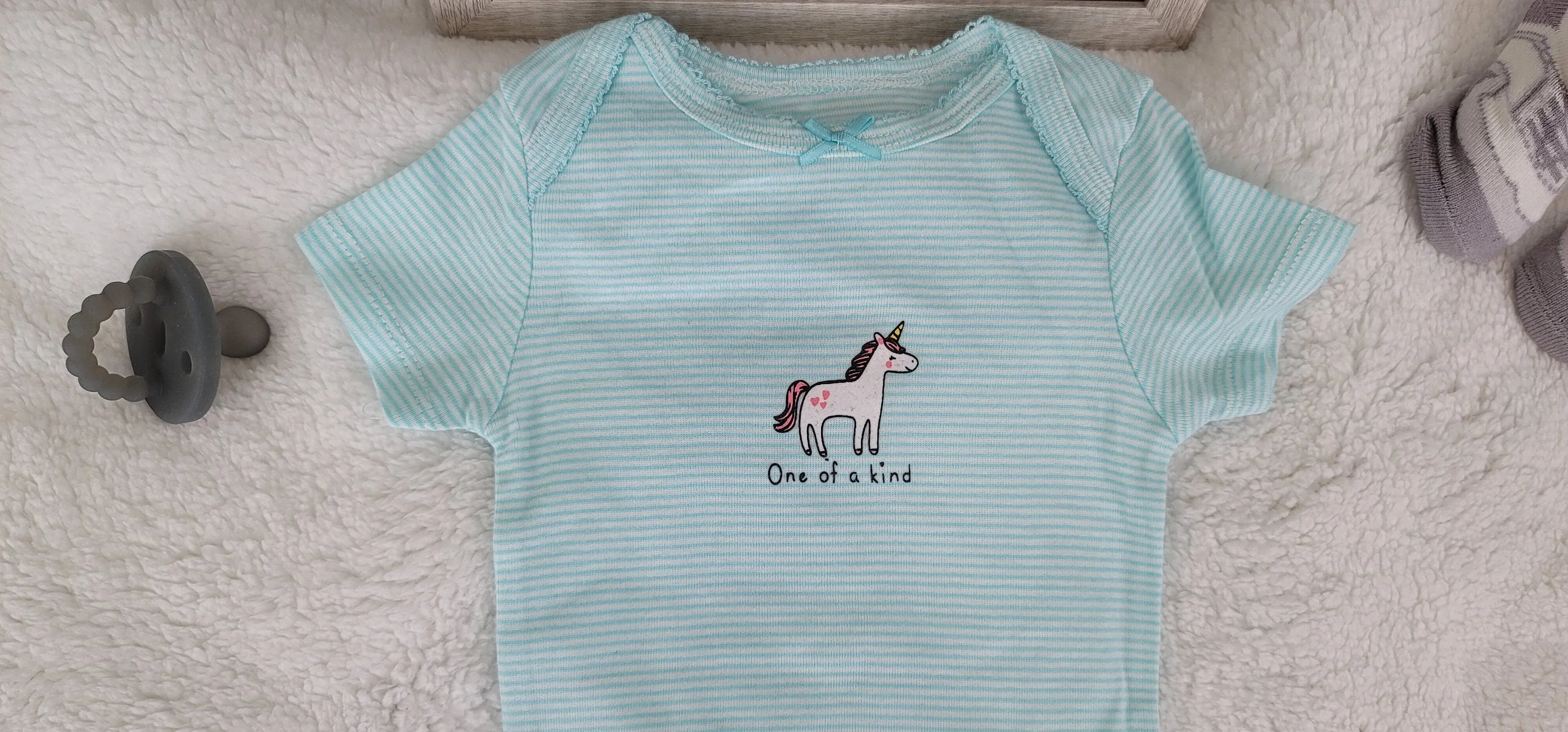 Baby Girl Onesie, Unicorn Onesie, Teal/White Stripes Onesie, 9 month Baby Girl Onesie