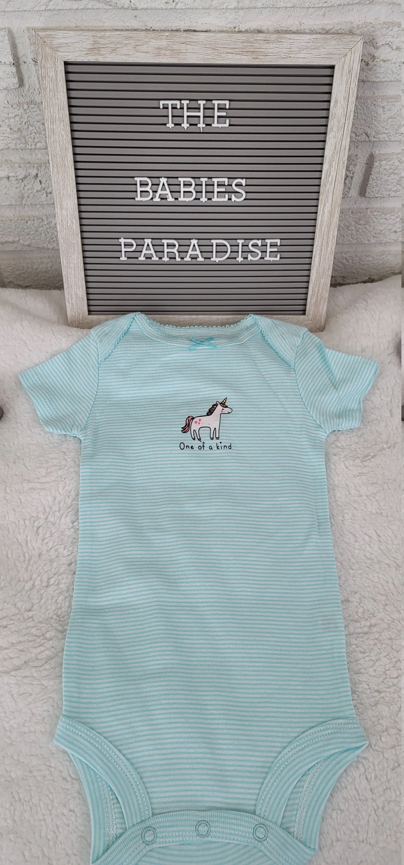 Baby Girl Onesie, Unicorn Onesie, Teal/White Stripes Onesie, 9 month Baby Girl Onesie