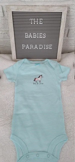 Baby Girl Onesie, Unicorn Onesie, Teal/White Stripes Onesie, 9 month Baby Girl Onesie