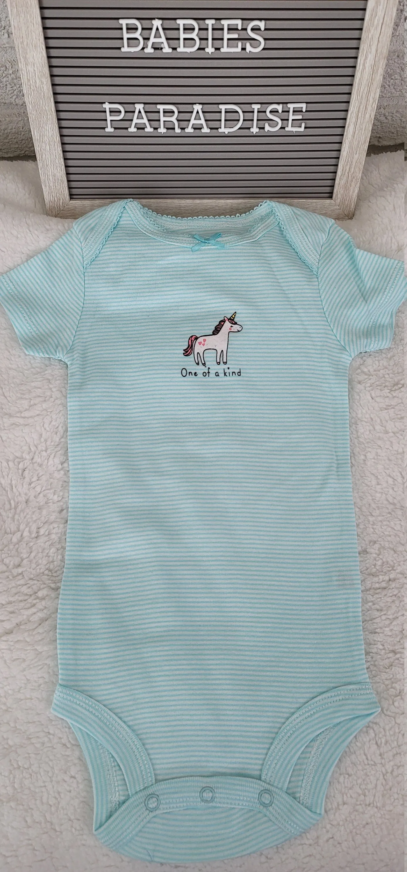 Baby Girl Onesie, Unicorn Onesie, Teal/White Stripes Onesie, 9 month Baby Girl Onesie