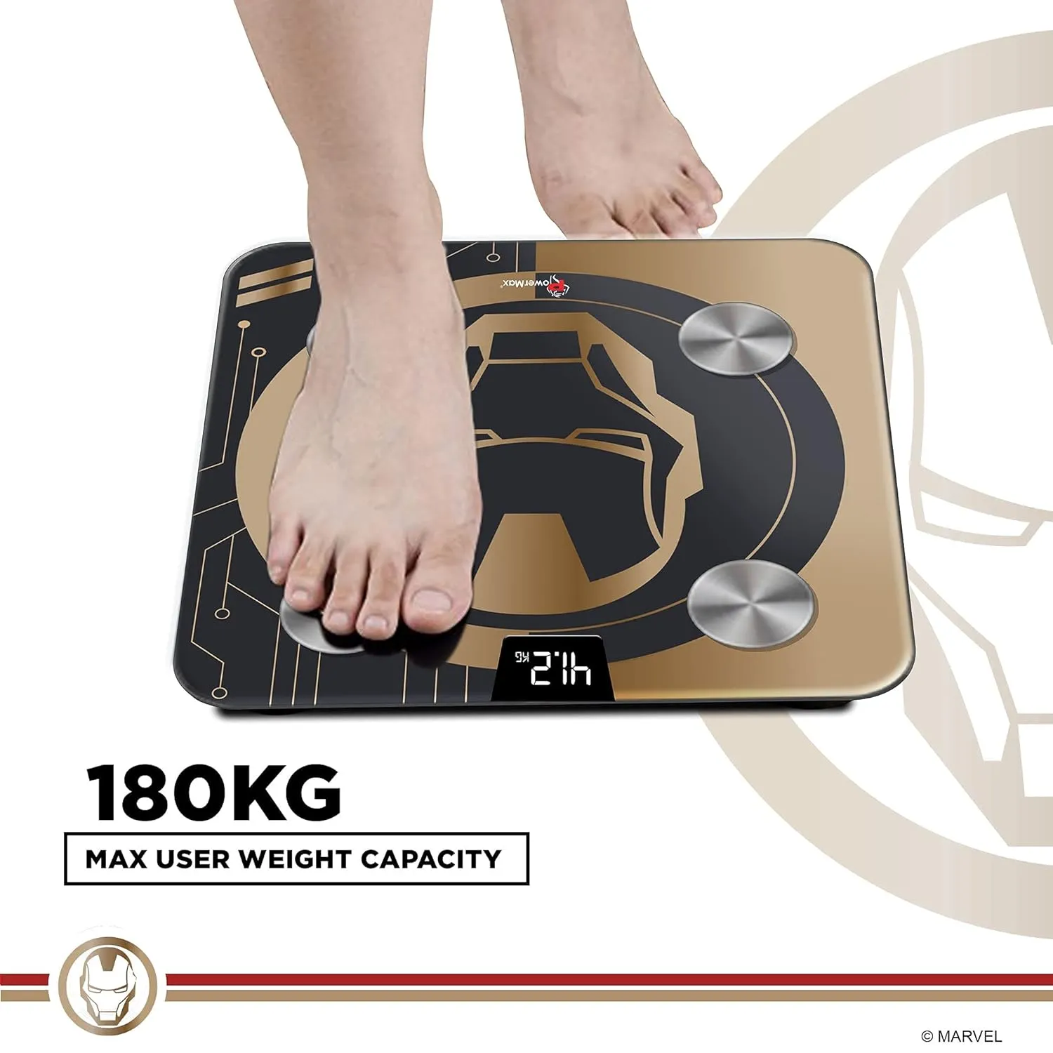 BCA-130 Marvel Edition Iron Man Series Digital Weight Machine for Human Body - High Accuracy Bathroom Weighing Scale with Step-on Technology & Super Durable 6mm Tempered Glass