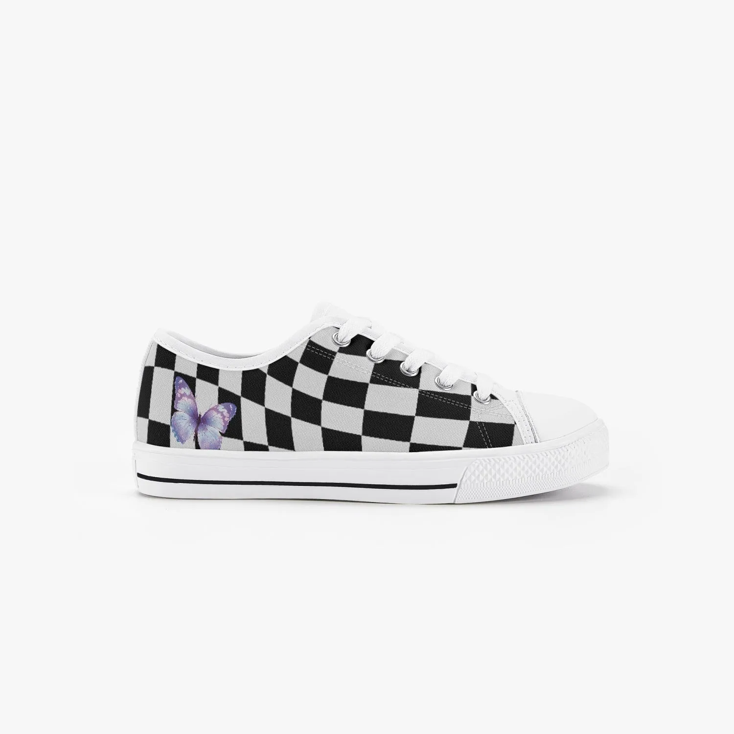 Black and White Wavy Checkerboard. Kid’s Low-Top Canvas Shoes