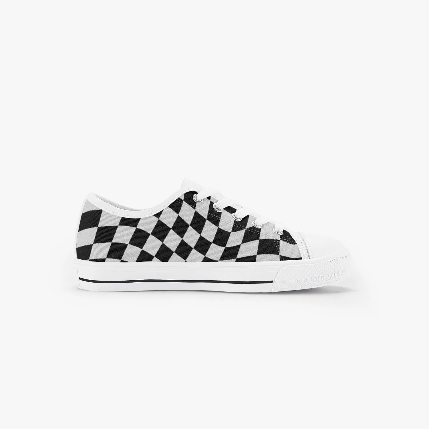 Black and White Wavy Checkerboard. Kid’s Low-Top Canvas Shoes