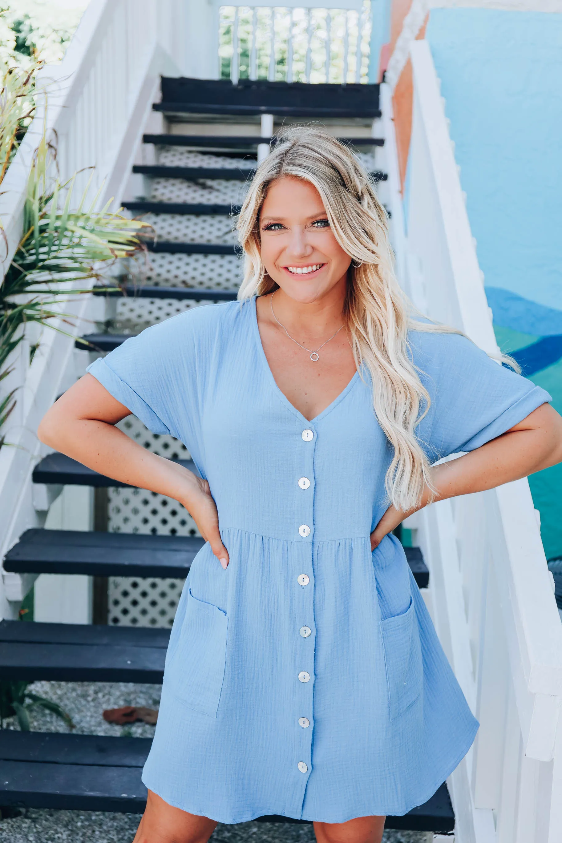 Briella Cotton Button Down Dress - Blue