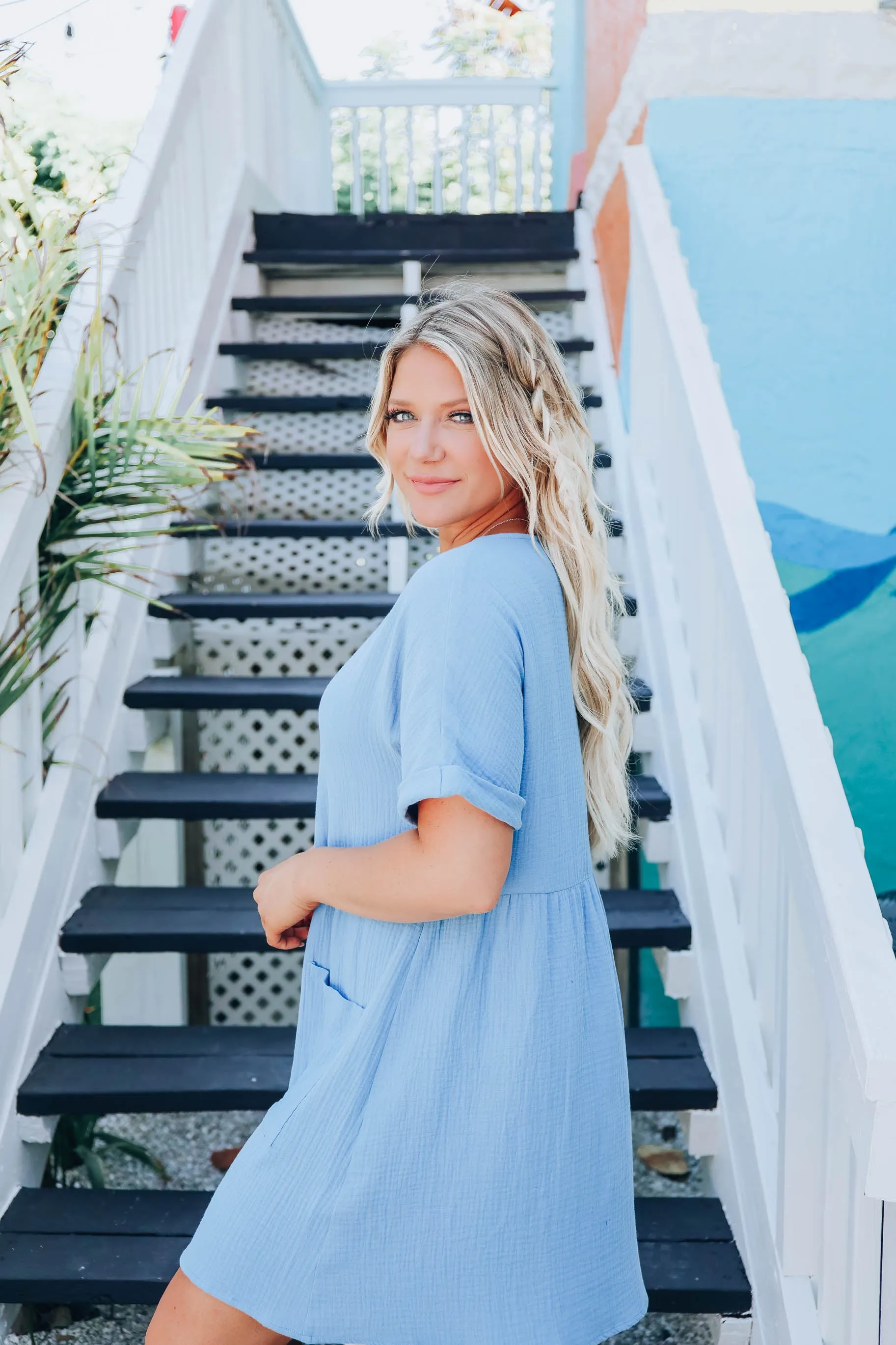 Briella Cotton Button Down Dress - Blue