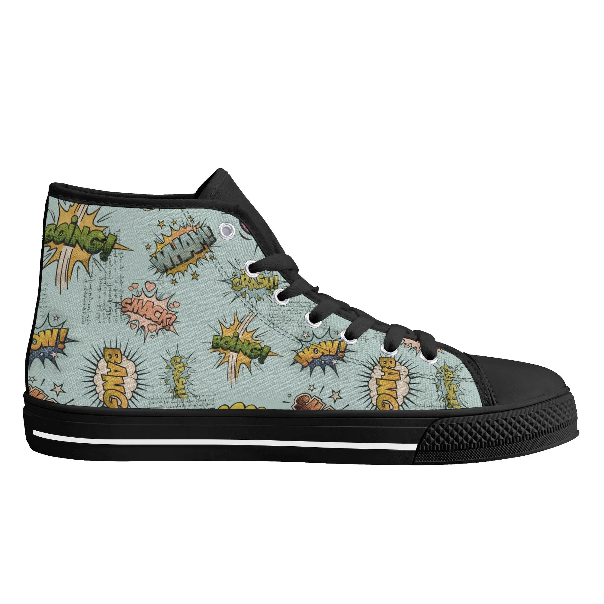 Canvas High Top Sneakers | Vintage Blue | Unique Onomatopoeia Print | Retro Comic style