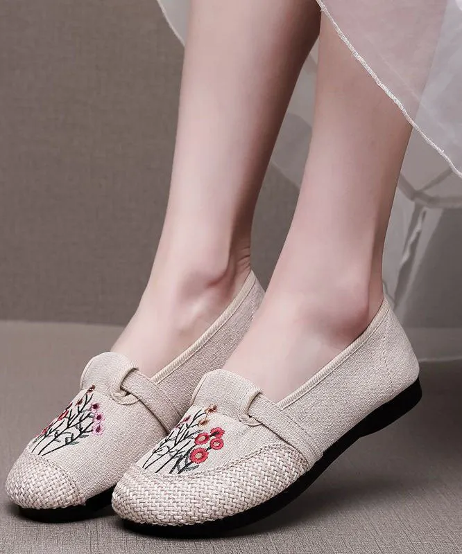 Casual Beige Embroideried Flat Shoes For Women Splicing Flat Feet Shoes LY0210