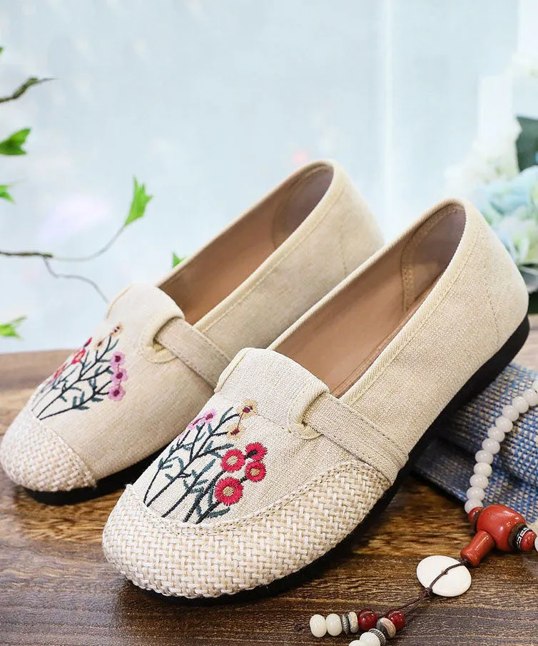 Casual Beige Embroideried Flat Shoes For Women Splicing Flat Feet Shoes LY0210