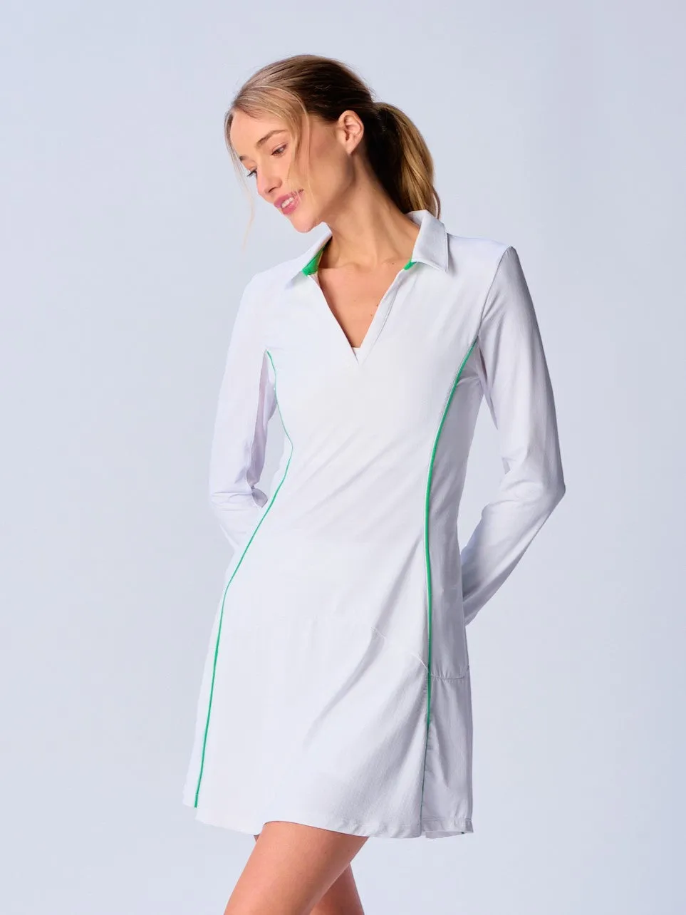 Color Block Long Sleeve Dress in White/Kelly Green