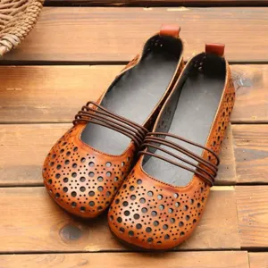 Cowhide Leather Hollow Summer Retro Flat Shoes