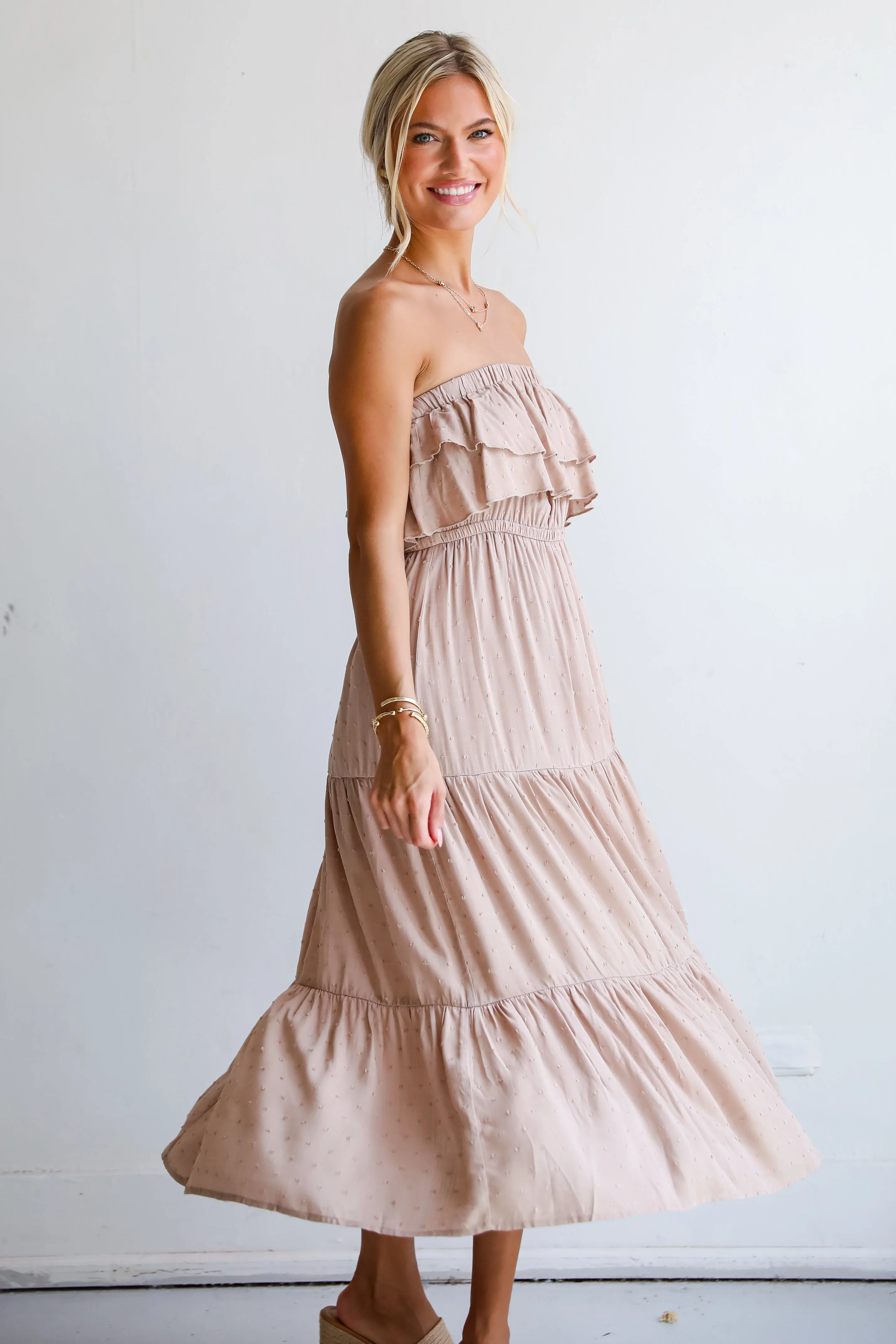 Darling Cuteness Taupe Tiered Strapless Midi Dress