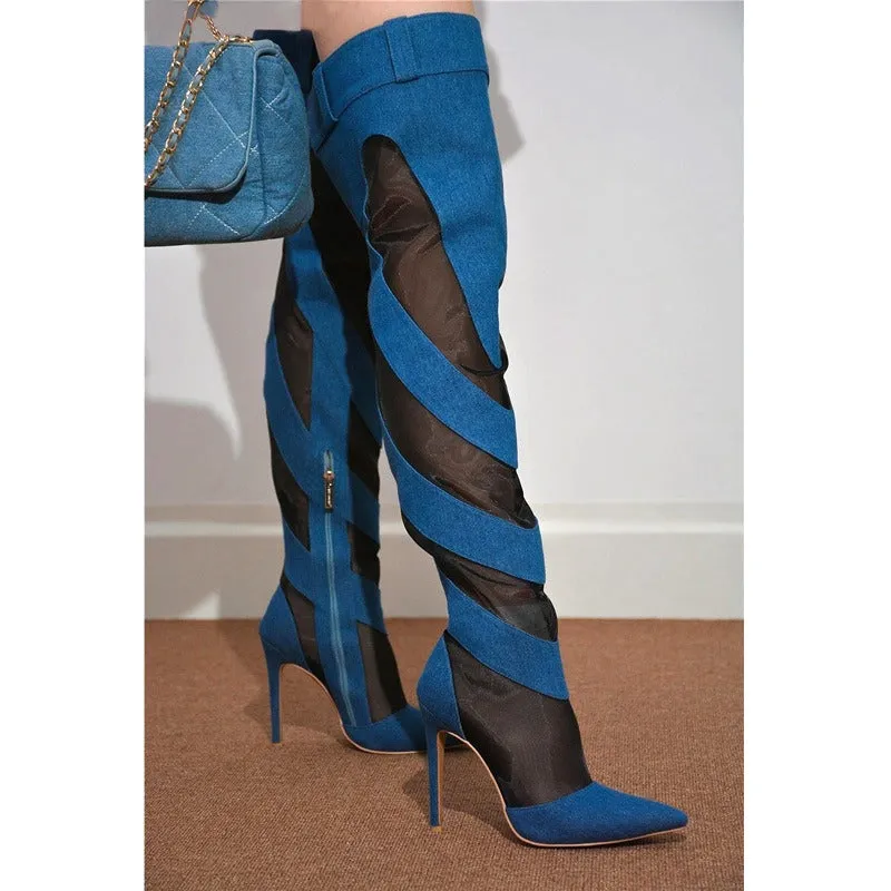 Denim Mesh Patchwork Thigh High Boots