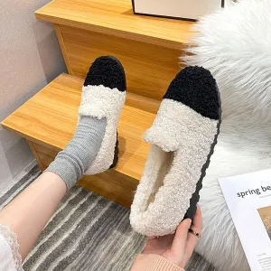 Furry Outer Wearing Flats Loafers Contrasting color design Backless  Wild Fluffy Flat Mules Warm