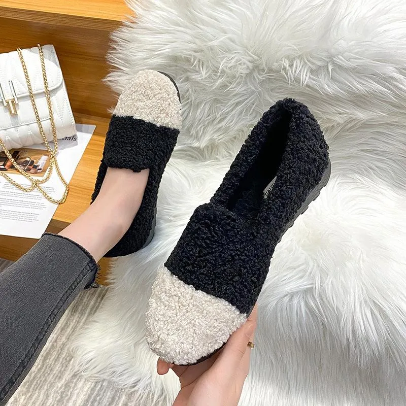 Furry Outer Wearing Flats Loafers Contrasting color design Backless  Wild Fluffy Flat Mules Warm