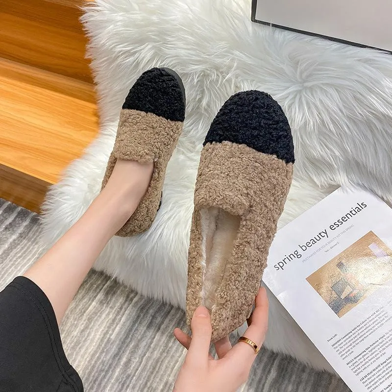 Furry Outer Wearing Flats Loafers Contrasting color design Backless  Wild Fluffy Flat Mules Warm