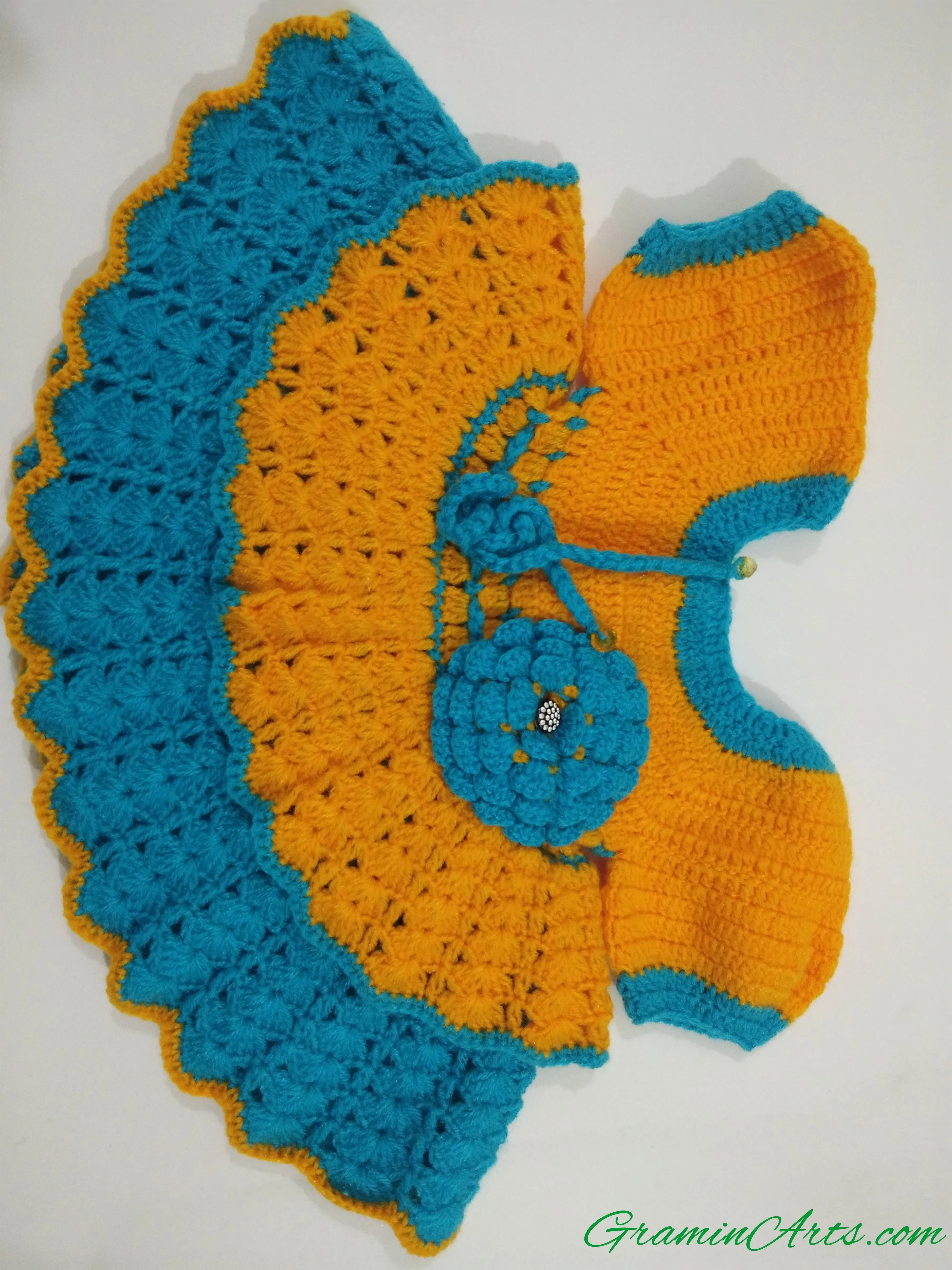 Handmade woolen frock design for baby girl 0-1 year Yellow and sky blue color with beatuful flower