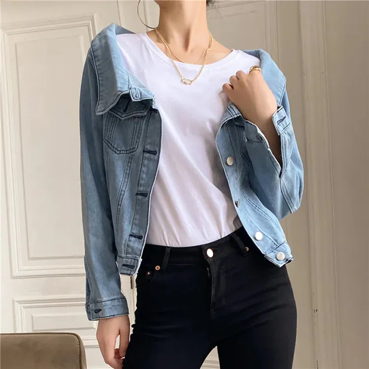 Joskaa New 2024 Autumn Women's Denim Jeans Jackets Casual Slash Neck Pockets Wild Streetwear Fashionable Short Wild Lady Tops JK1036