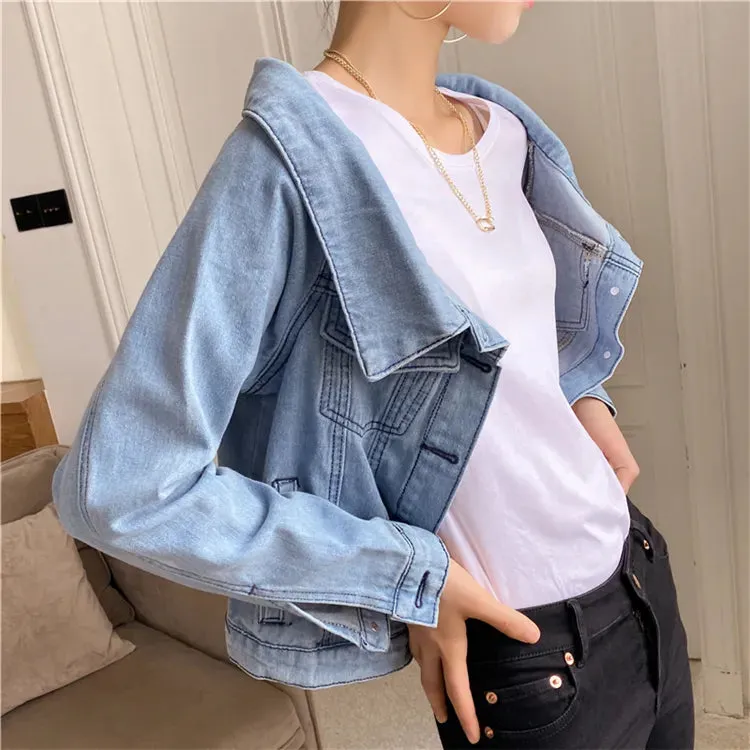 Joskaa New 2024 Autumn Women's Denim Jeans Jackets Casual Slash Neck Pockets Wild Streetwear Fashionable Short Wild Lady Tops JK1036