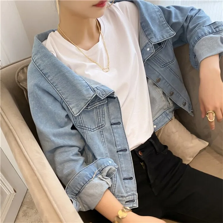 Joskaa New 2024 Autumn Women's Denim Jeans Jackets Casual Slash Neck Pockets Wild Streetwear Fashionable Short Wild Lady Tops JK1036