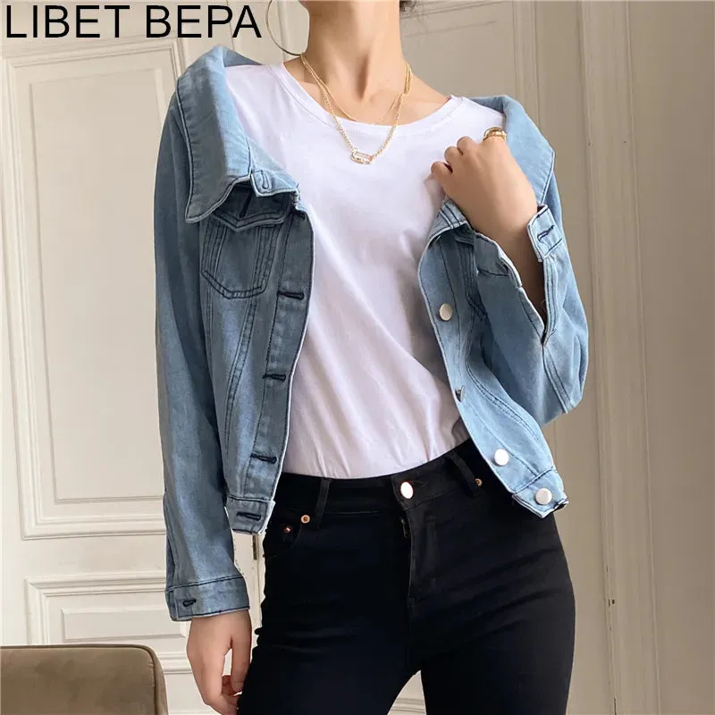 Joskaa New 2024 Autumn Women's Denim Jeans Jackets Casual Slash Neck Pockets Wild Streetwear Fashionable Short Wild Lady Tops JK1036