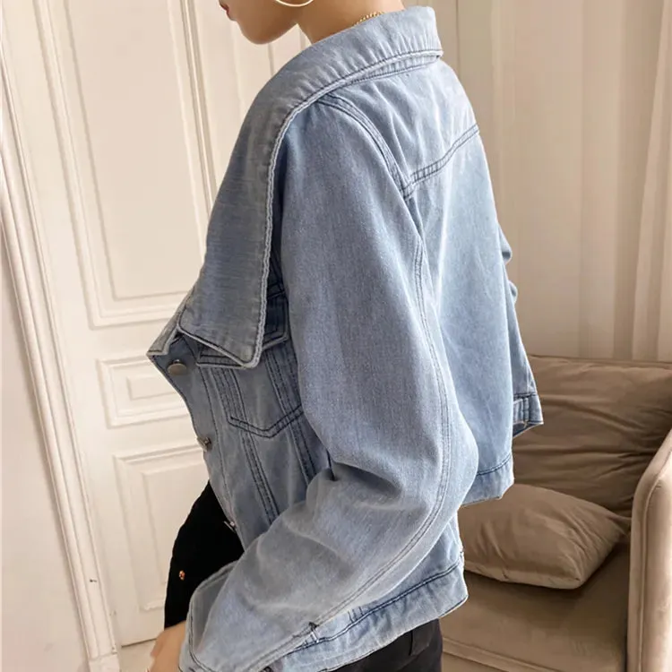 Joskaa New 2024 Autumn Women's Denim Jeans Jackets Casual Slash Neck Pockets Wild Streetwear Fashionable Short Wild Lady Tops JK1036