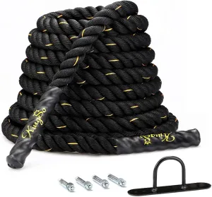 KINGSO Battle Rope 1.5 Inch Heavy Battle Exercise Training Rope 30ft Length Workout Rope 100% Dacron Fitness Rope for Strength Training Home Gym Outdoor Cardio Workout Equipment, Anchor Included