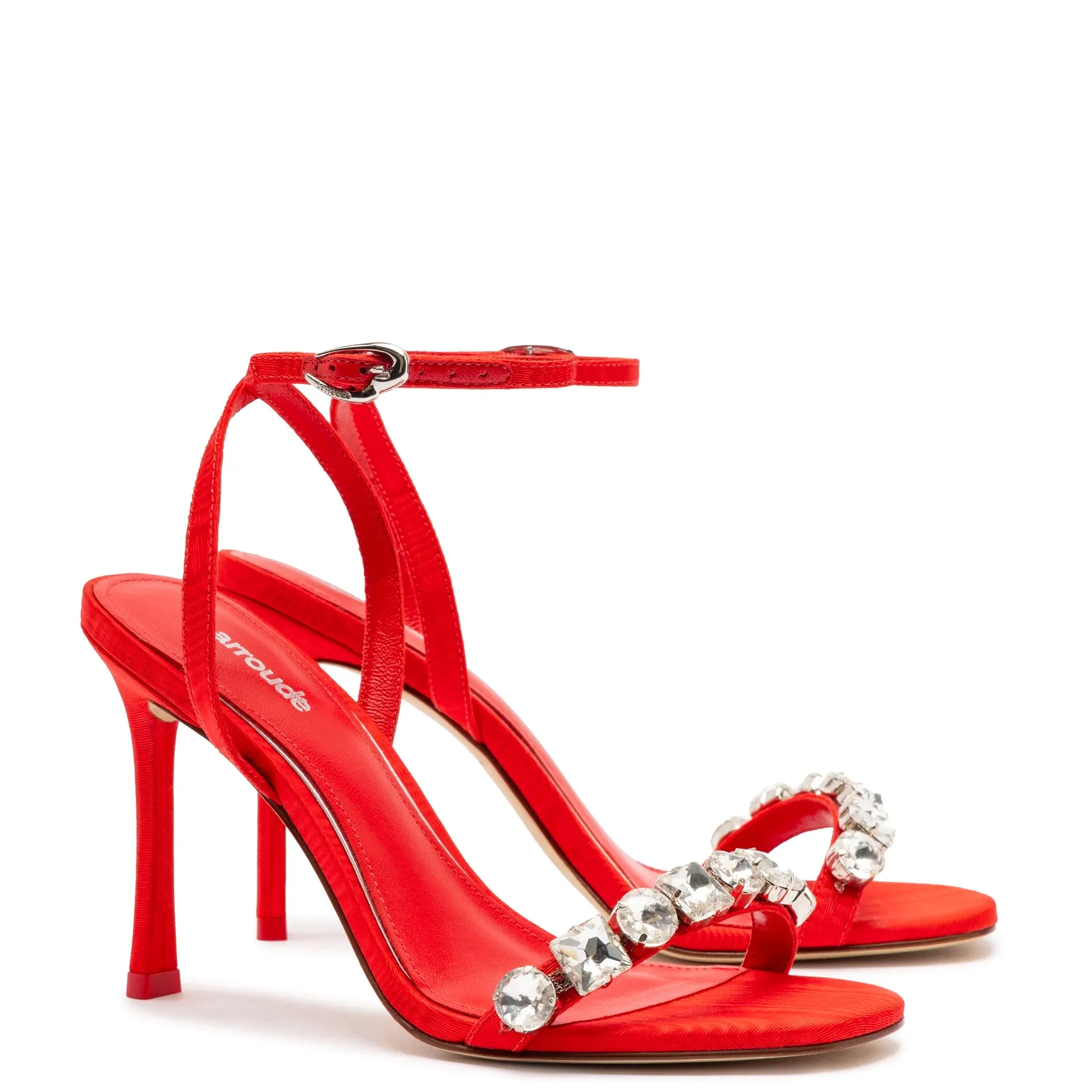 Larroude Calypso Sandal In Red Fabric and Crystals