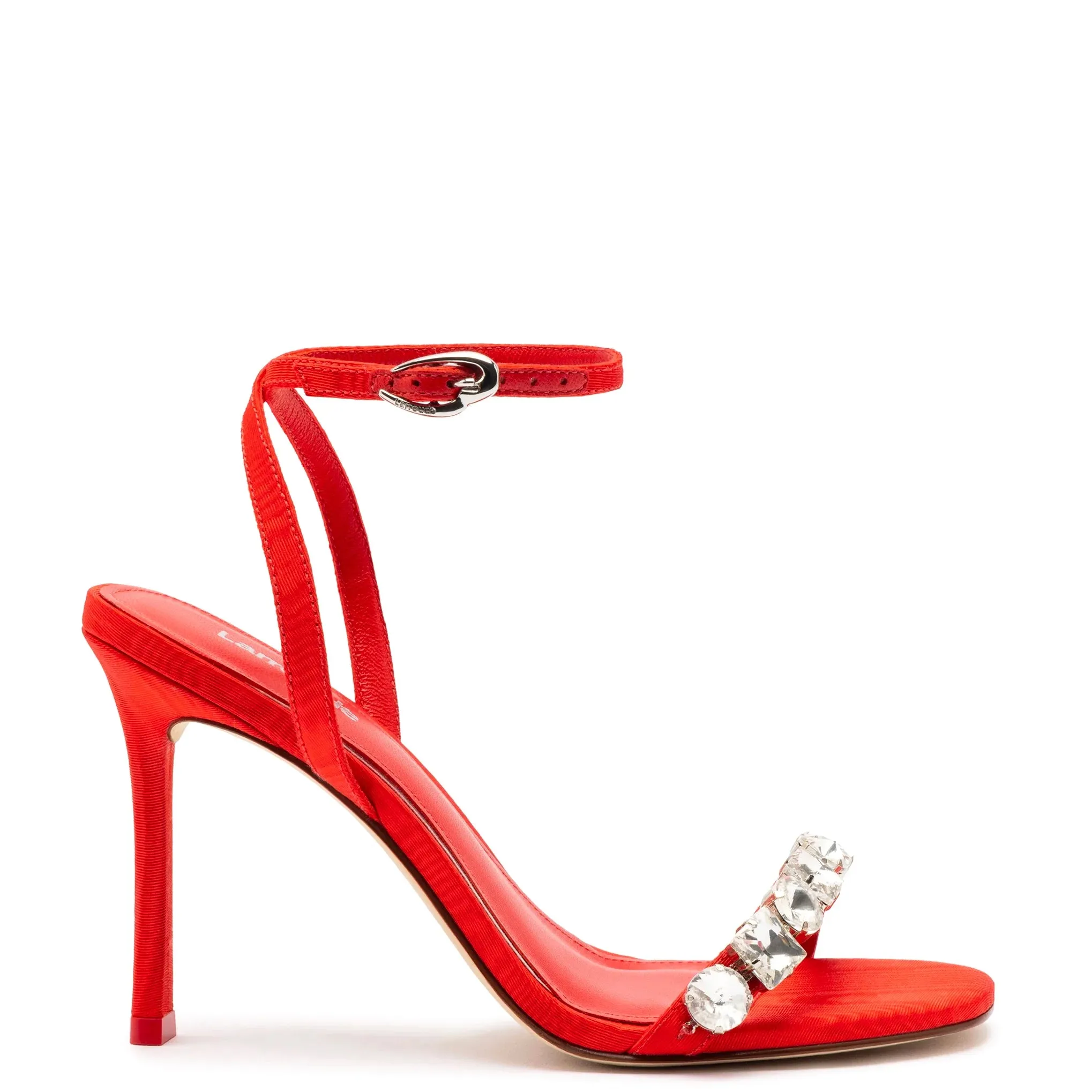 Larroude Calypso Sandal In Red Fabric and Crystals