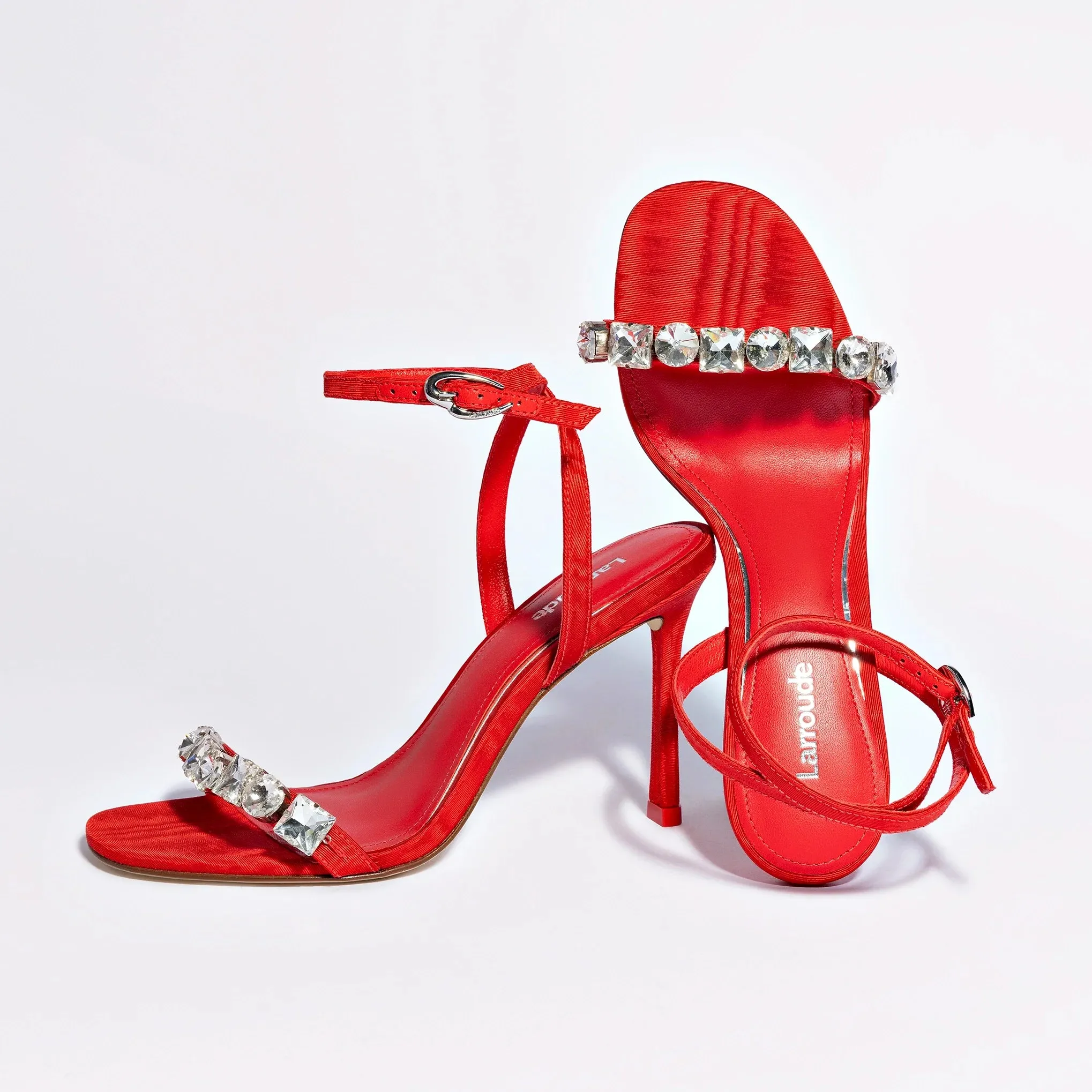 Larroude Calypso Sandal In Red Fabric and Crystals