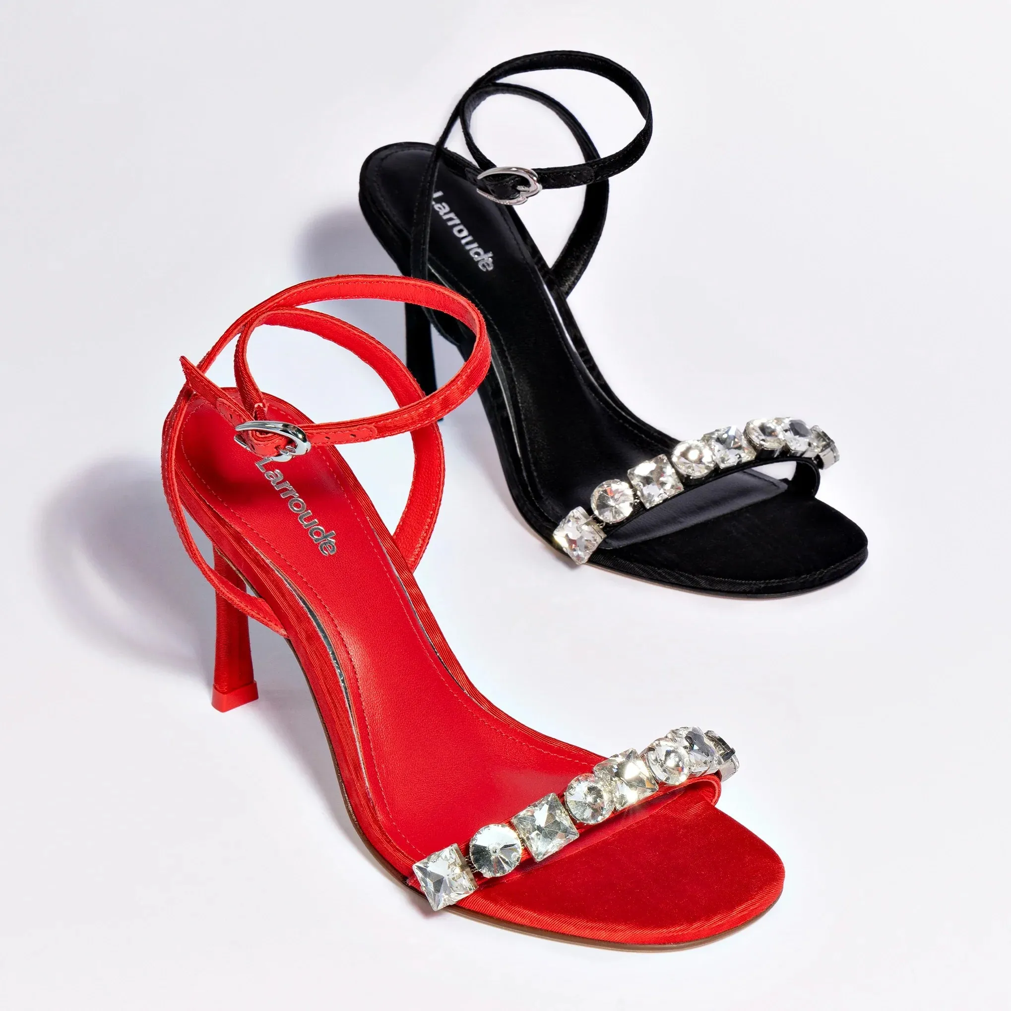 Larroude Calypso Sandal In Red Fabric and Crystals