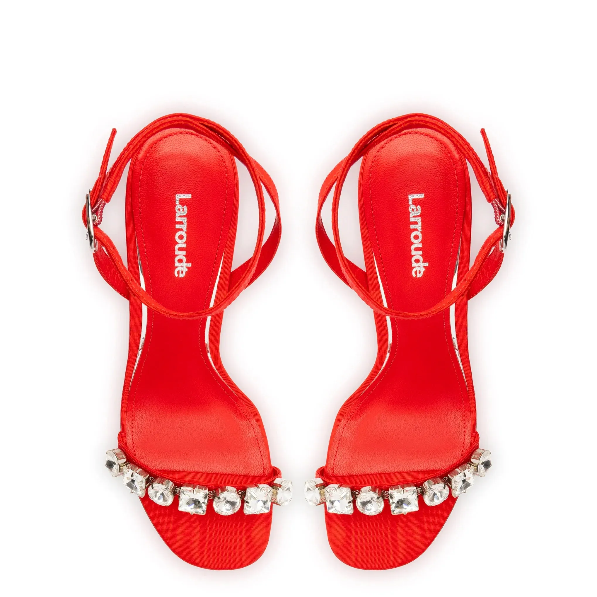 Larroude Calypso Sandal In Red Fabric and Crystals