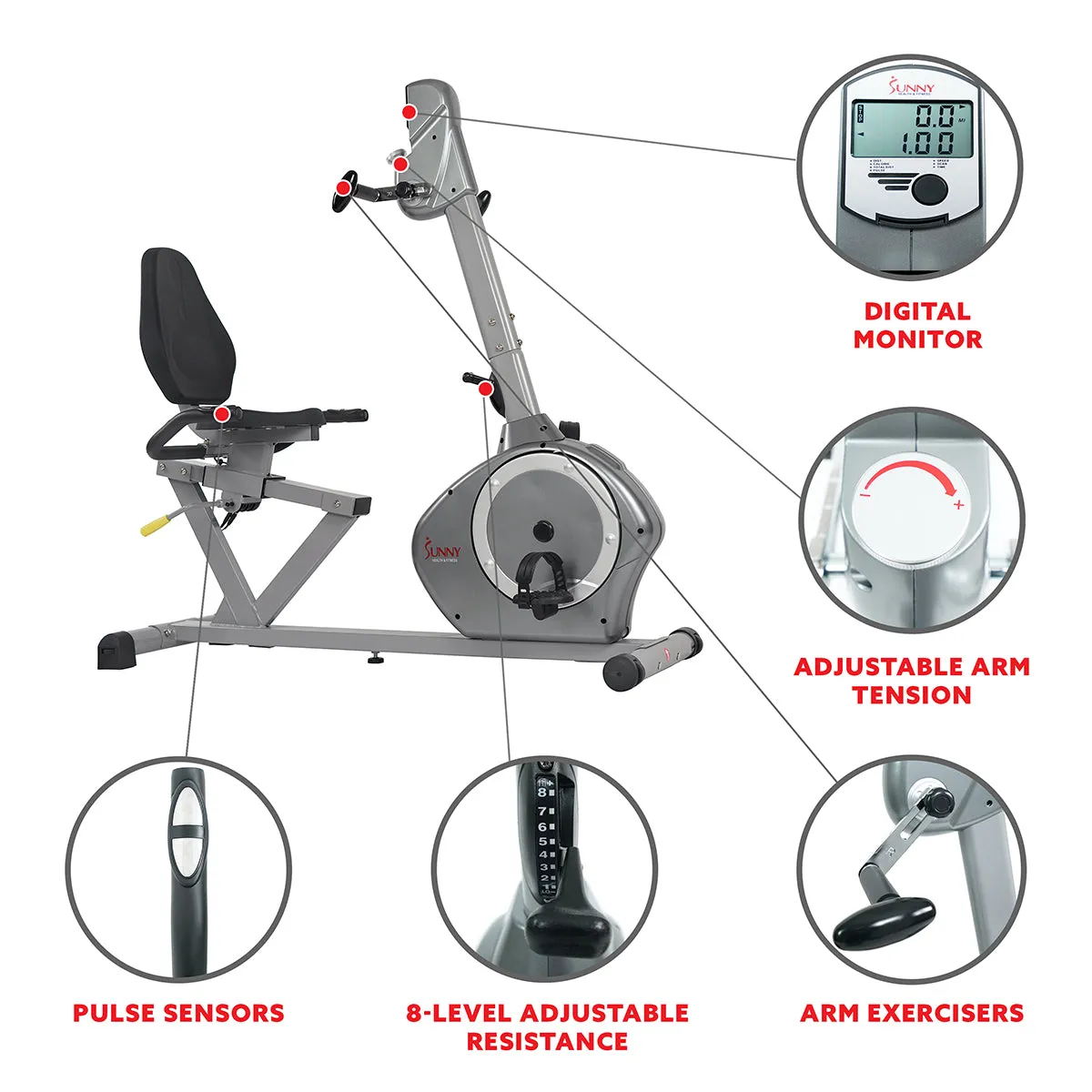 Magnetic Recumbent Exercise Bike with Moving Arms Exerciser w/ 350 LB High Weight Capacity