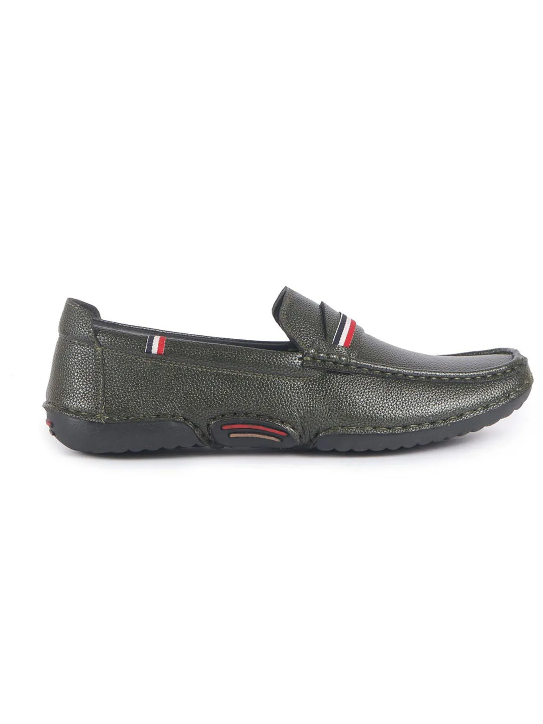 Men Olive Stitched Stripe Design Classic Slip-Ons Loafer with Flexible Slip Resistant Sole|Slip On Shoes|Casual Shoes