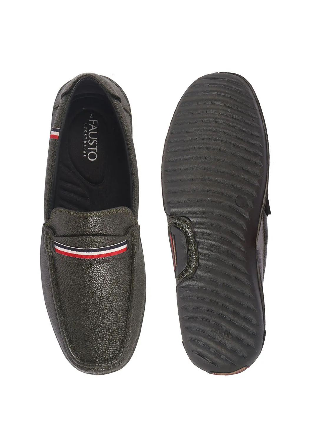 Men Olive Stitched Stripe Design Classic Slip-Ons Loafer with Flexible Slip Resistant Sole|Slip On Shoes|Casual Shoes