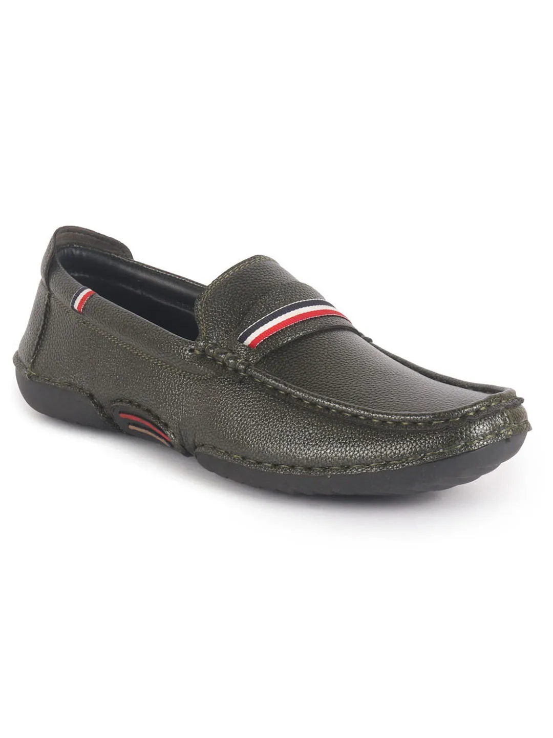 Men Olive Stitched Stripe Design Classic Slip-Ons Loafer with Flexible Slip Resistant Sole|Slip On Shoes|Casual Shoes