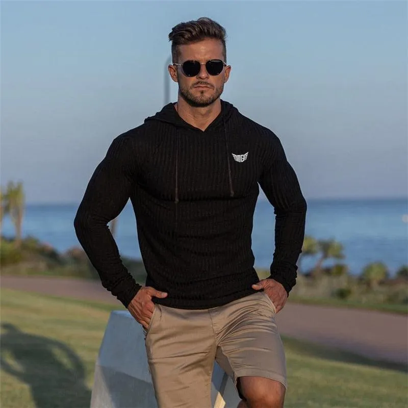 New Fashion Knitted Hooded T-shirt -Men Pit Stripe Slim Fit Thin Sweaters -Mens Long Sleeve Pullovers (TM5)(CC1)(1U100)(TM7)(1U101)(1U100)