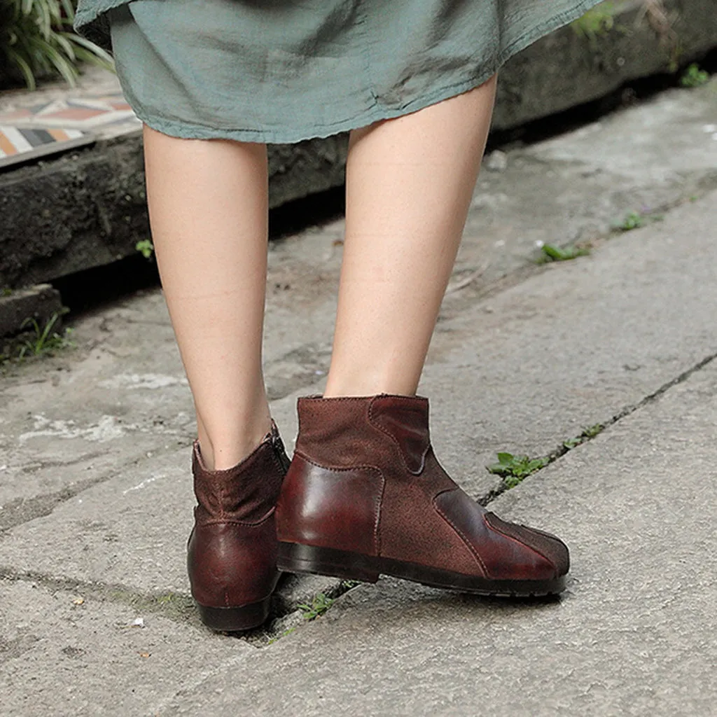 Retro Stitching Leather Short Boots | Gift Shoes