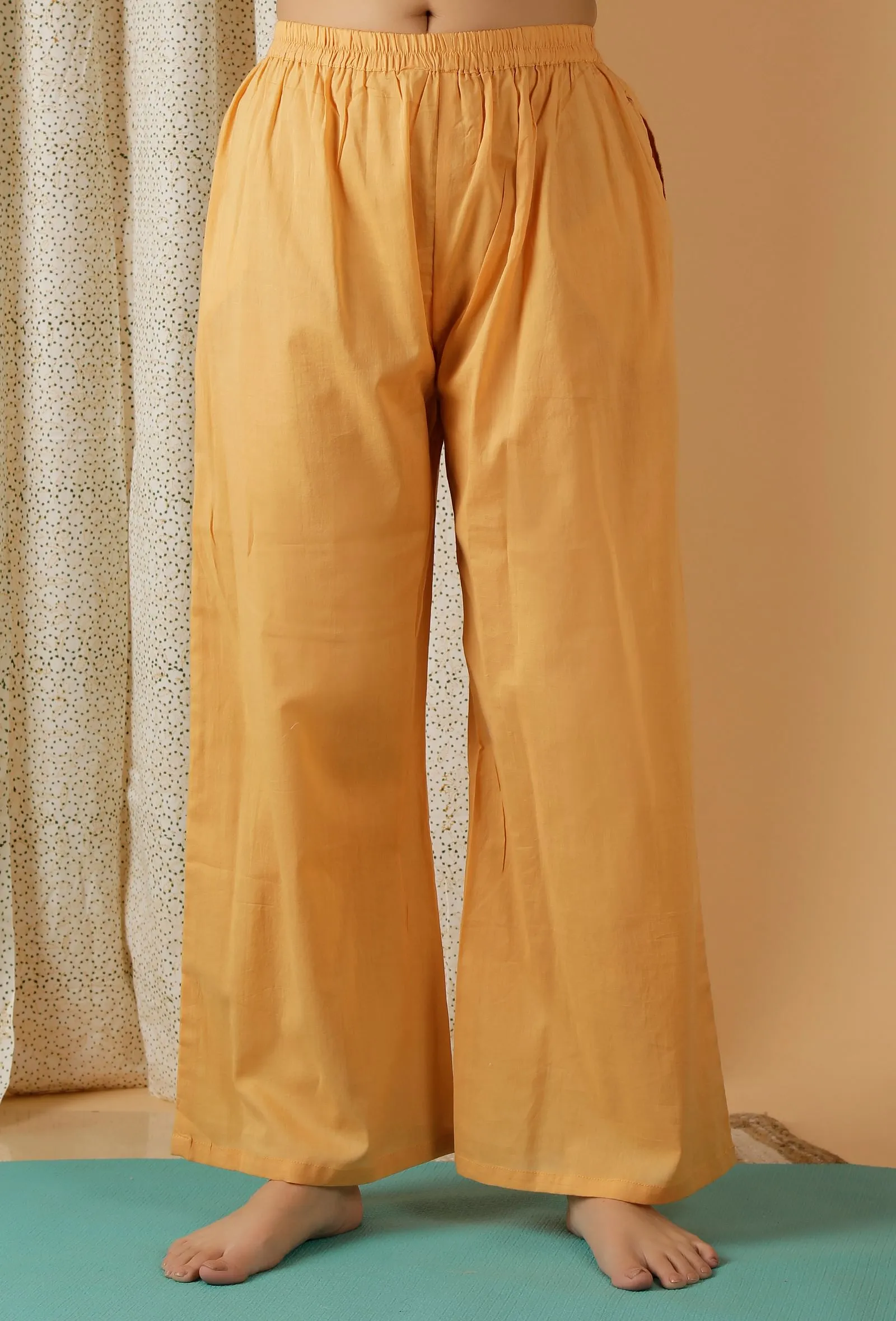 Set Of 2: Mulmul Cotton Black Robe And Mustard Straight pants