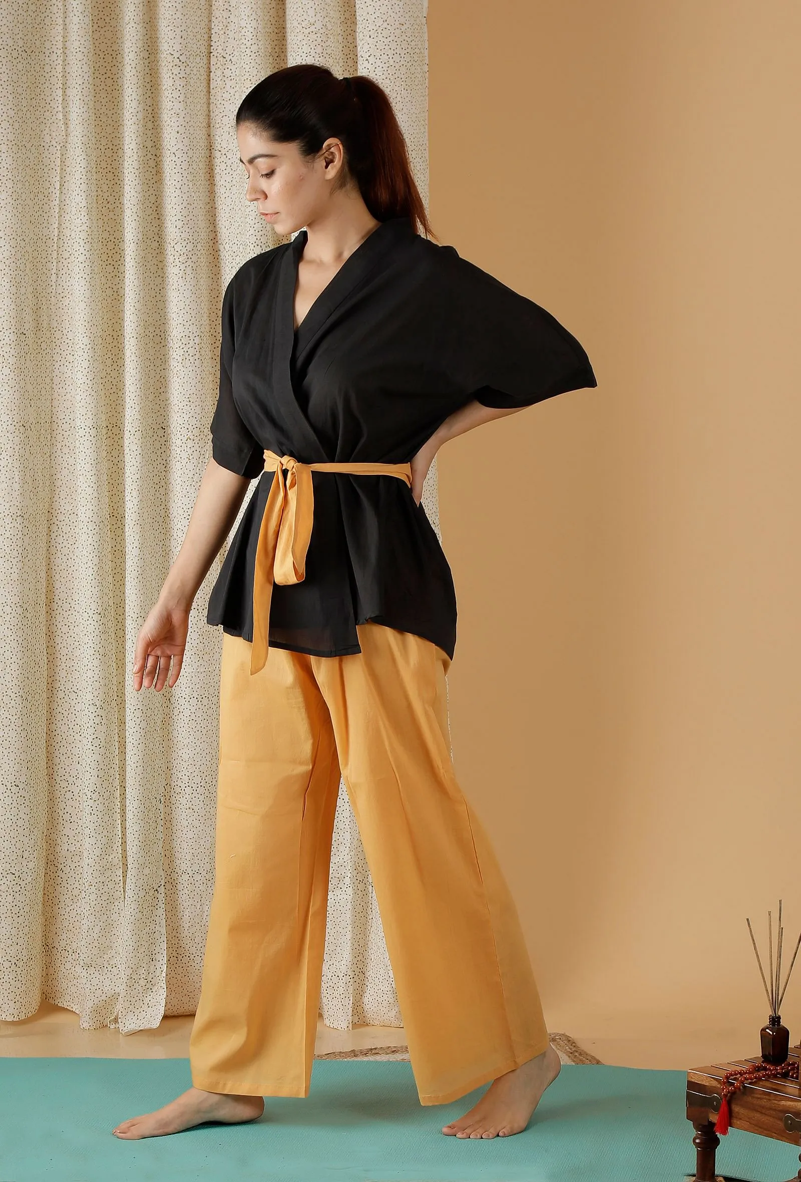 Set Of 2: Mulmul Cotton Black Robe And Mustard Straight pants