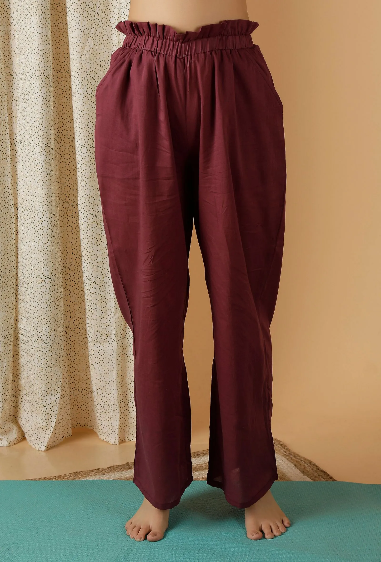 Set Of 2: Mulmul Cotton Plum Button Down Shirt And Ruched Pants