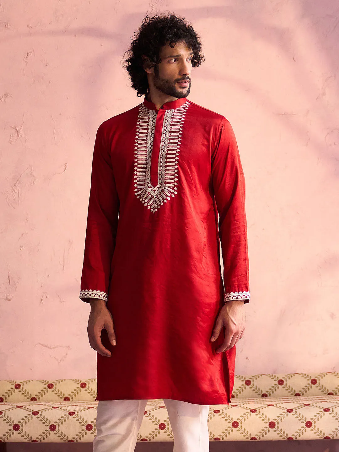 SHRESTHA BY VASTRAMAY Men's Red Silk Machine Embroidered Kurta